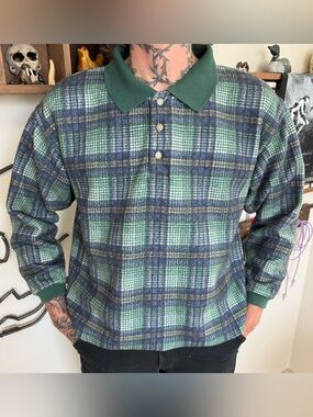 Vintage 80s 90s Bugle Boy Cropped Boxy Plaid LS Knit Polo ~ Size Medium